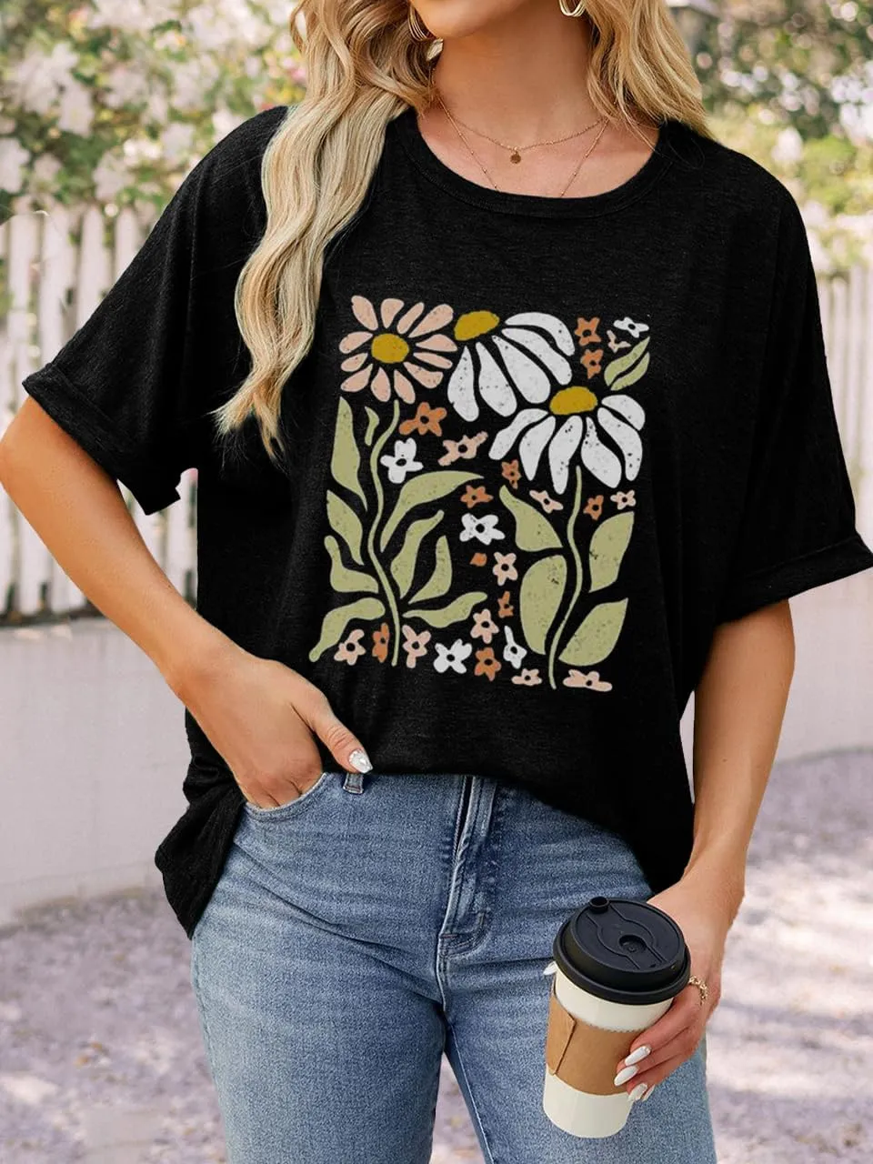 Womens Oversized Graphic Tee Shirt Raglan Sleeve Boho Wildflower Tshirt Summer Baggy Country Music Casual Blouses