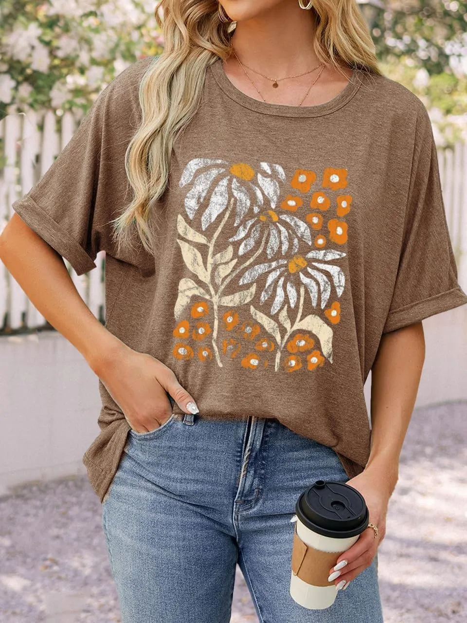 Womens Oversized Graphic Tee Shirt Raglan Sleeve Boho Wildflower Tshirt Summer Baggy Country Music Casual Blouses