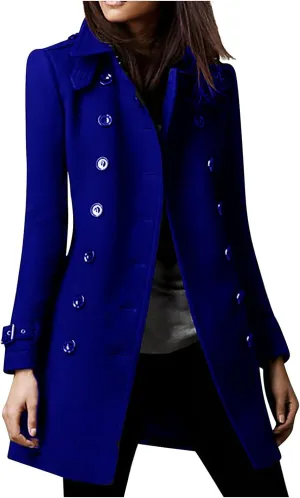 Women's Pea Coat Winter Wool Blend Trench Coat Stand Collar Casual Overcoat Double Breasted Woolen Peacoat Jacket