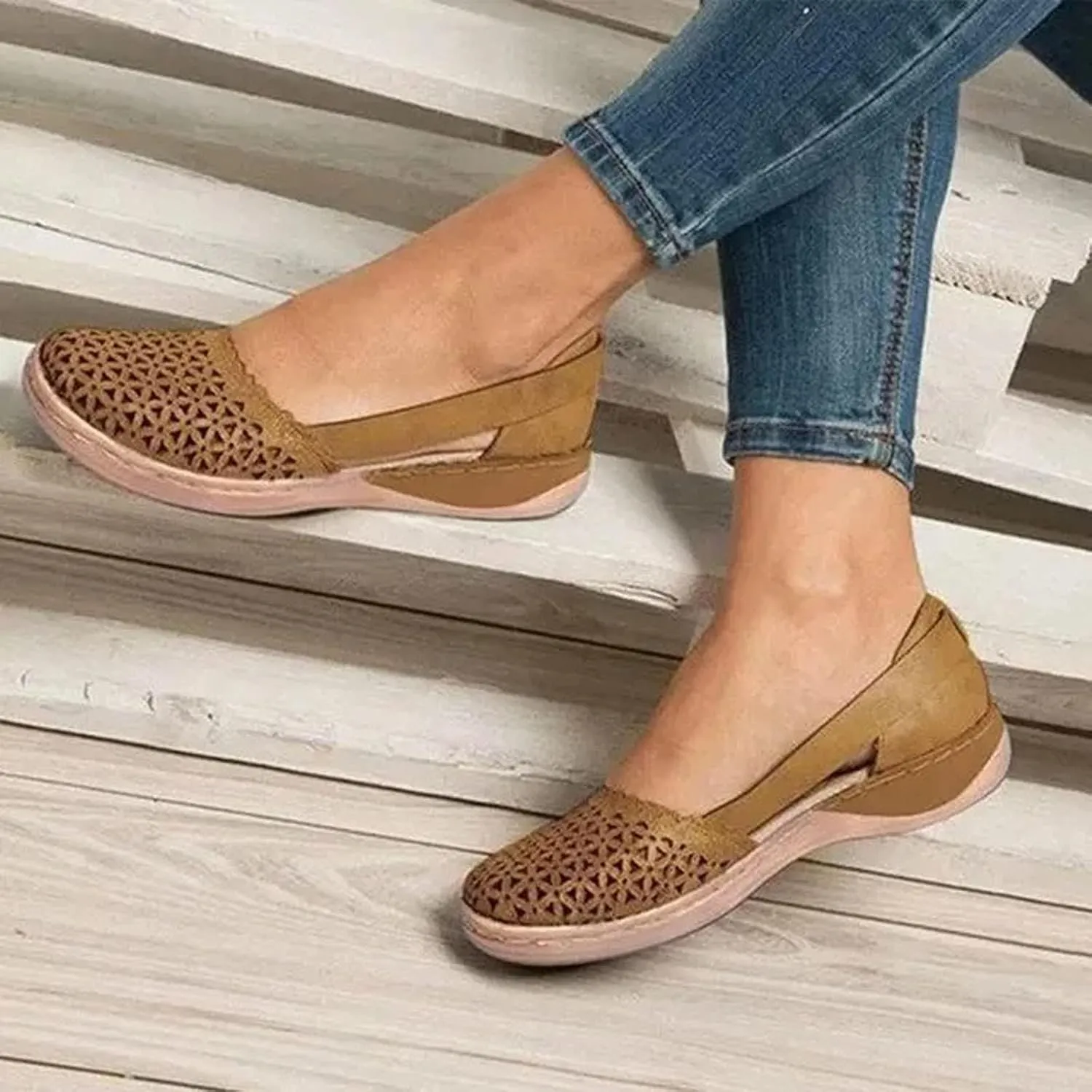 Womens Sandals Closed Toe Slip on Flats Hollow Orthopedic Soft Comfortable Summer Round Toe Low Heels Arch Support Outdoor Walking Fashion Shoes Side Empty Sandals