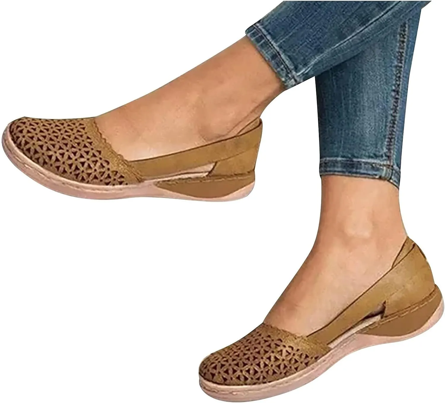 Womens Sandals Closed Toe Slip on Flats Hollow Orthopedic Soft Comfortable Summer Round Toe Low Heels Arch Support Outdoor Walking Fashion Shoes Side Empty Sandals