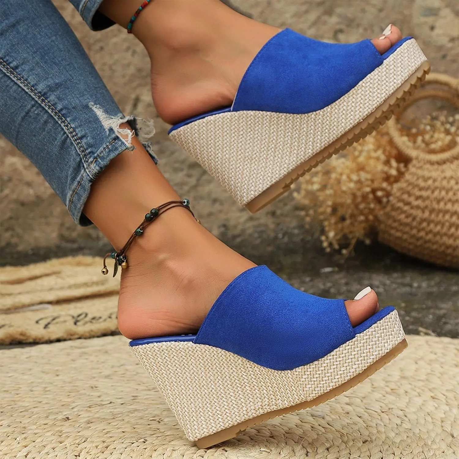 Womens Sandals Wedges Comfortable Dressy Slip On Open Toe Slippers Arch Support High Heel Slides Beach Walking Standing