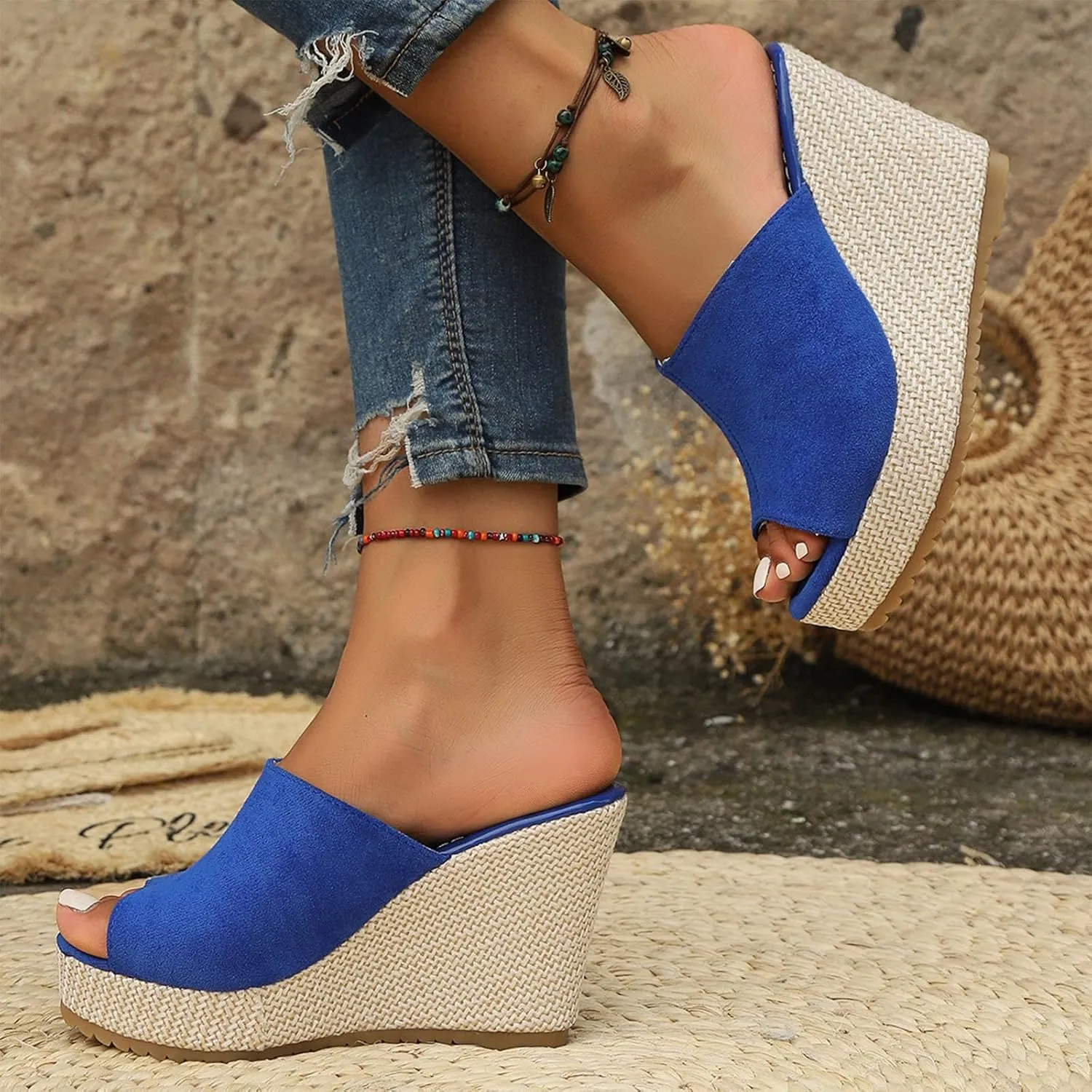 Womens Sandals Wedges Comfortable Dressy Slip On Open Toe Slippers Arch Support High Heel Slides Beach Walking Standing