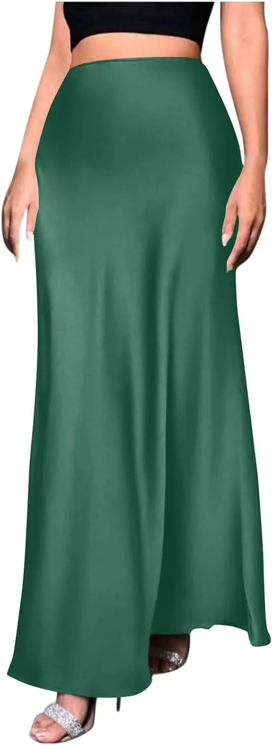 Womens Satin High Waist Elastic Maxi Skirt Silk Elegant Dressy Bodycon A-Line Long Skirts Cocktail Party Outfits