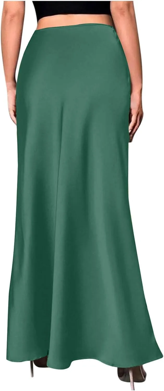 Womens Satin High Waist Elastic Maxi Skirt Silk Elegant Dressy Bodycon A-Line Long Skirts Cocktail Party Outfits