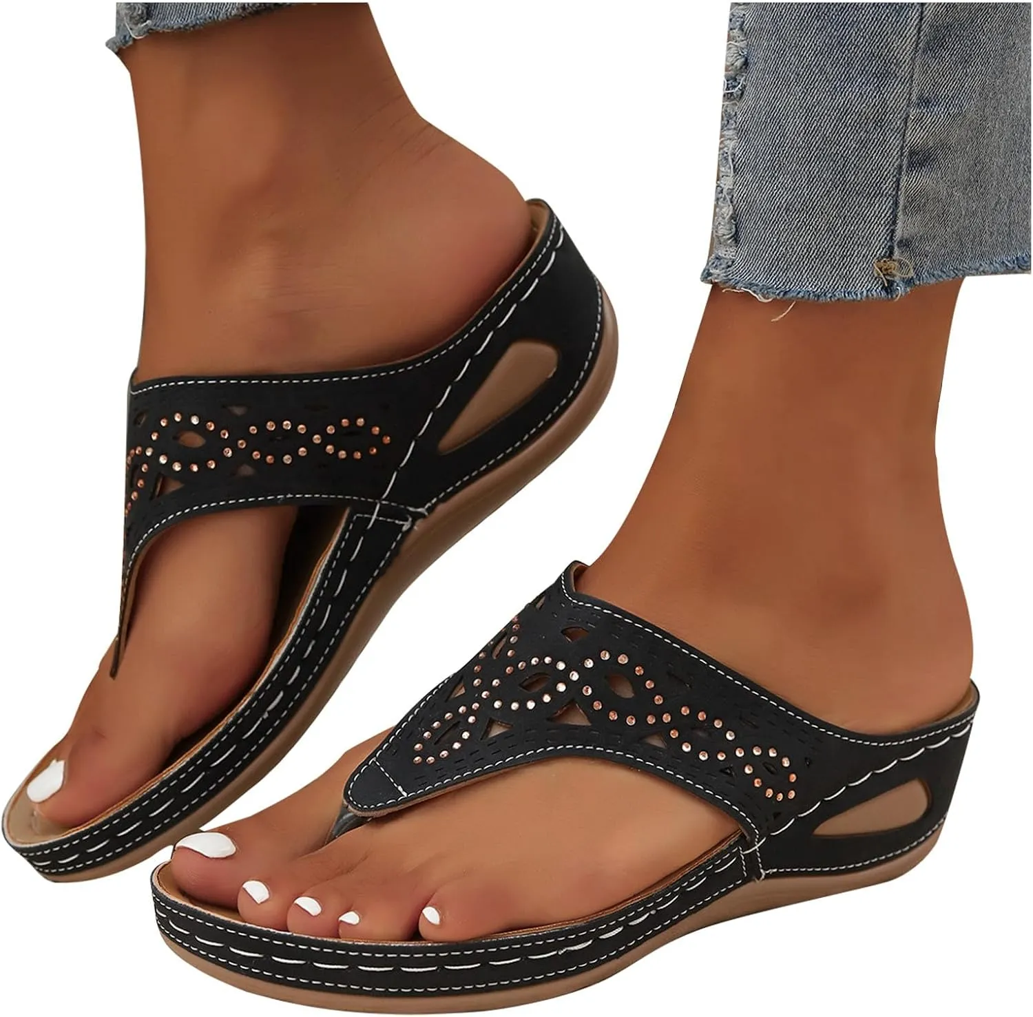 Women's Splicing Rhinestone Thong Sandals Clip Toe Hollow Out Slipper Summer Platform Flip Flop Casual Beach Sandal