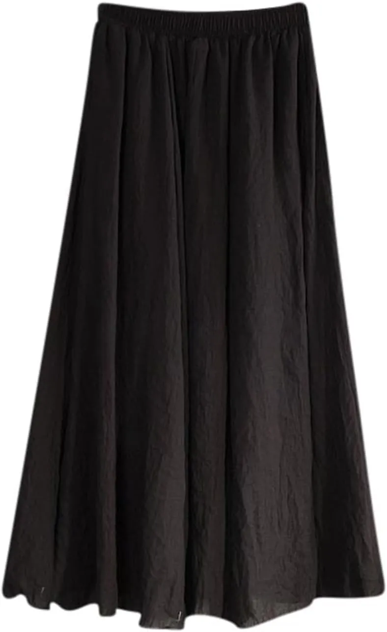 Women's Summer Beach Skirts Basic Solid Elastic Waist Lightweight Cotton Linen Skirt Pleated Flowy Midi Skirts