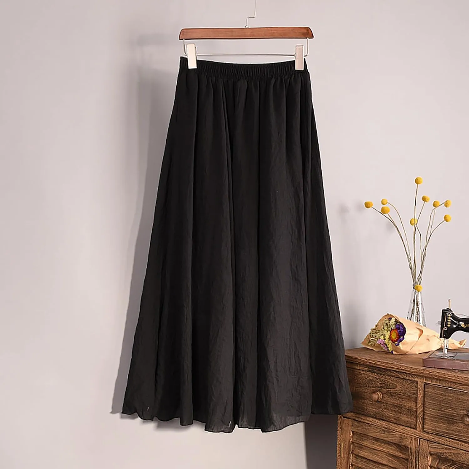 Women's Summer Beach Skirts Basic Solid Elastic Waist Lightweight Cotton Linen Skirt Pleated Flowy Midi Skirts