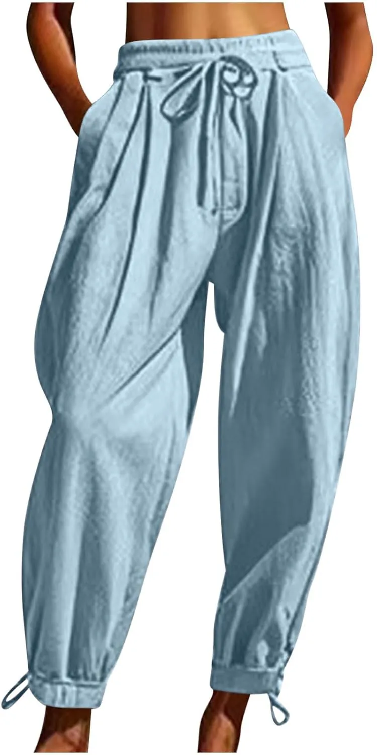 Women's Tapered Linen Pants Casual Straight Leg Drawstring Elastic Waist Loose Comfy Joggers Trousers with Pockets