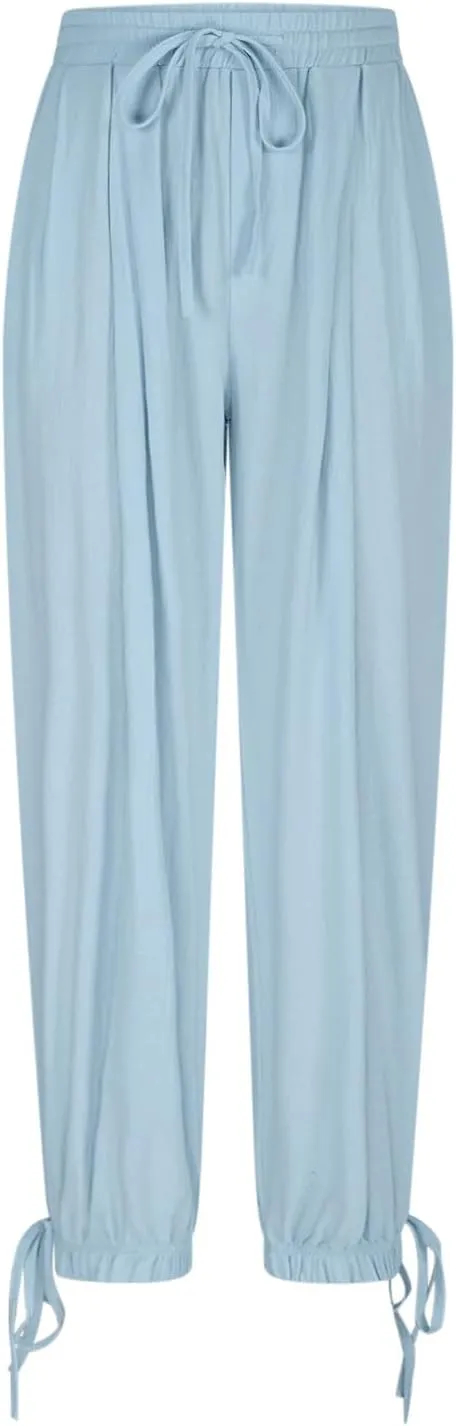 Women's Tapered Linen Pants Casual Straight Leg Drawstring Elastic Waist Loose Comfy Joggers Trousers with Pockets
