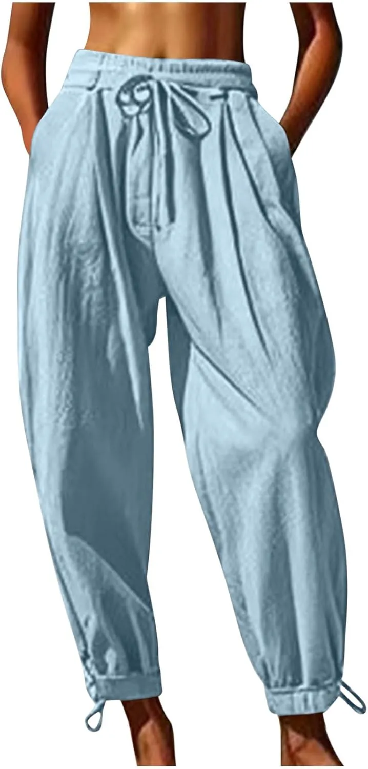 Women's Tapered Linen Pants Casual Straight Leg Drawstring Elastic Waist Loose Comfy Joggers Trousers with Pockets
