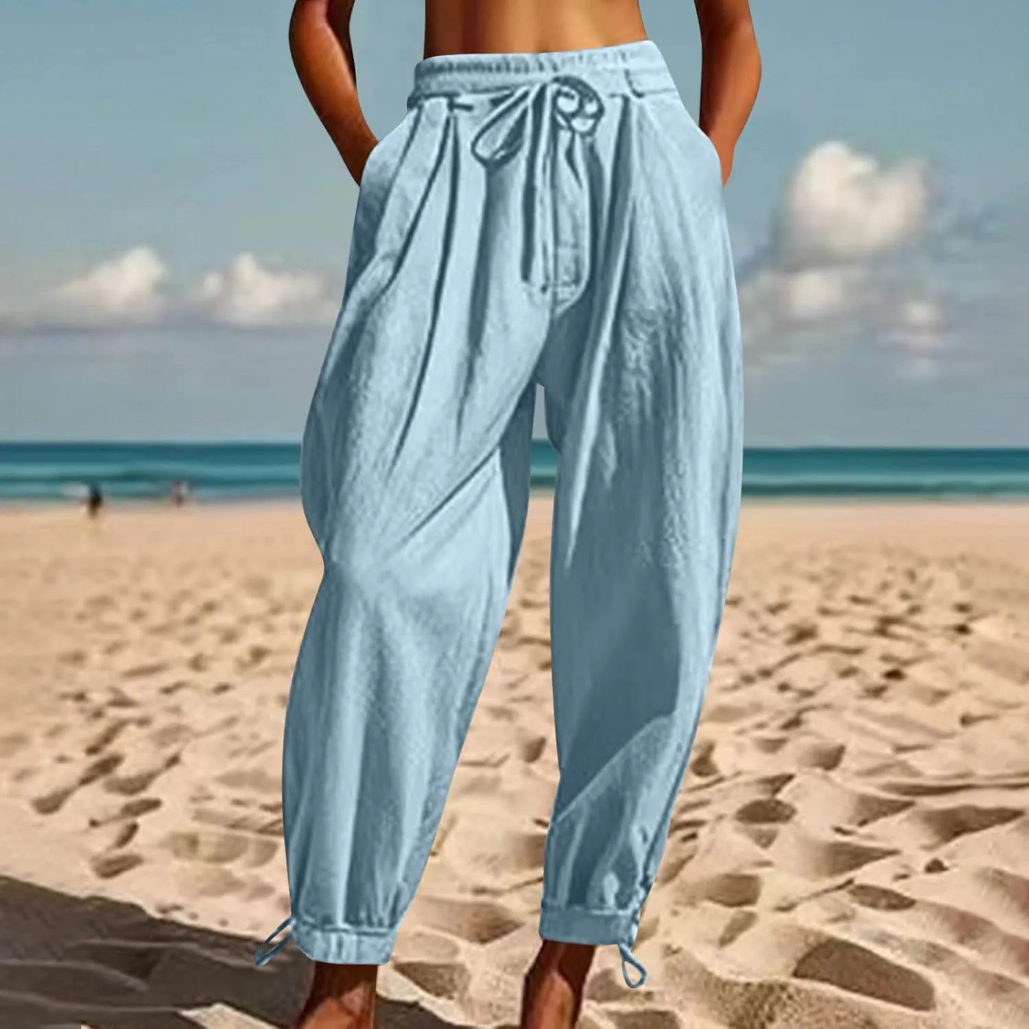Women's Tapered Linen Pants Casual Straight Leg Drawstring Elastic Waist Loose Comfy Joggers Trousers with Pockets