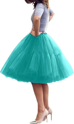 Womens Tulle Skirts Midi Elastic 50s Layered Mesh High Waist Pleated Flowy A-Line Party Long Tutu Skirts