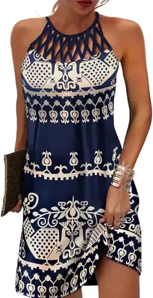 Women's Vintage Summer Boho Print Halter Neck Mesh Beach Sundress Casual Ethnic Style Sleeveless Tunic Mini Dress