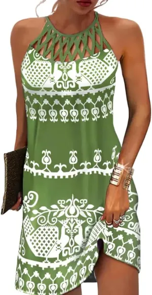 Women's Vintage Summer Boho Print Halter Neck Mesh Beach Sundress Casual Ethnic Style Sleeveless Tunic Mini Dress