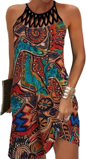 Women's Vintage Summer Boho Print Halter Neck Mesh Beach Sundress Casual Ethnic Style Sleeveless Tunic Mini Dress