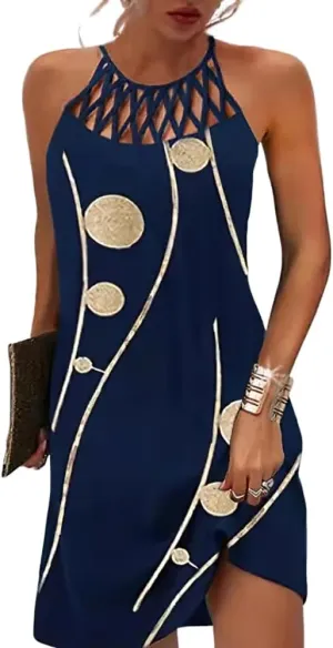 Women's Vintage Summer Boho Print Halter Neck Mesh Beach Sundress Casual Ethnic Style Sleeveless Tunic Mini Dress