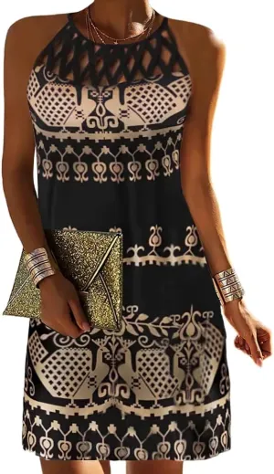 Women's Vintage Summer Boho Print Halter Neck Mesh Beach Sundress Casual Ethnic Style Sleeveless Tunic Mini Dress