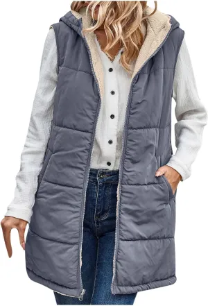 Womens Warm Winter Reversible Vests Sherpa Fleece Jacket Zip Up Hoodie Long Vest Padded Cotton Coat Quilted Outerwear