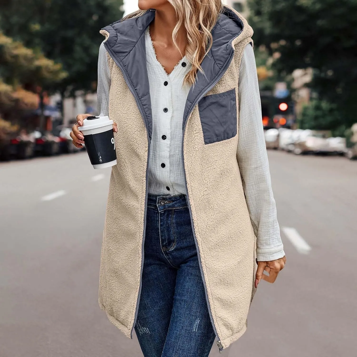 Womens Warm Winter Reversible Vests Sherpa Fleece Jacket Zip Up Hoodie Long Vest Padded Cotton Coat Quilted Outerwear