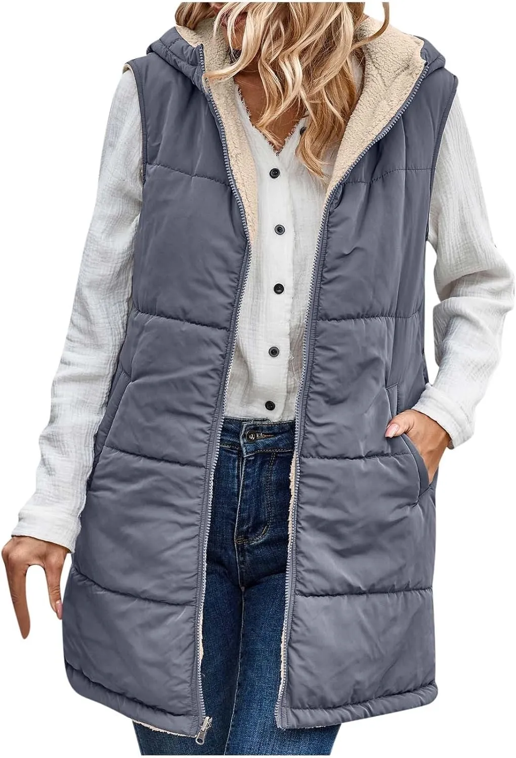 Womens Warm Winter Reversible Vests Sherpa Fleece Jacket Zip Up Hoodie Long Vest Padded Cotton Coat Quilted Outerwear