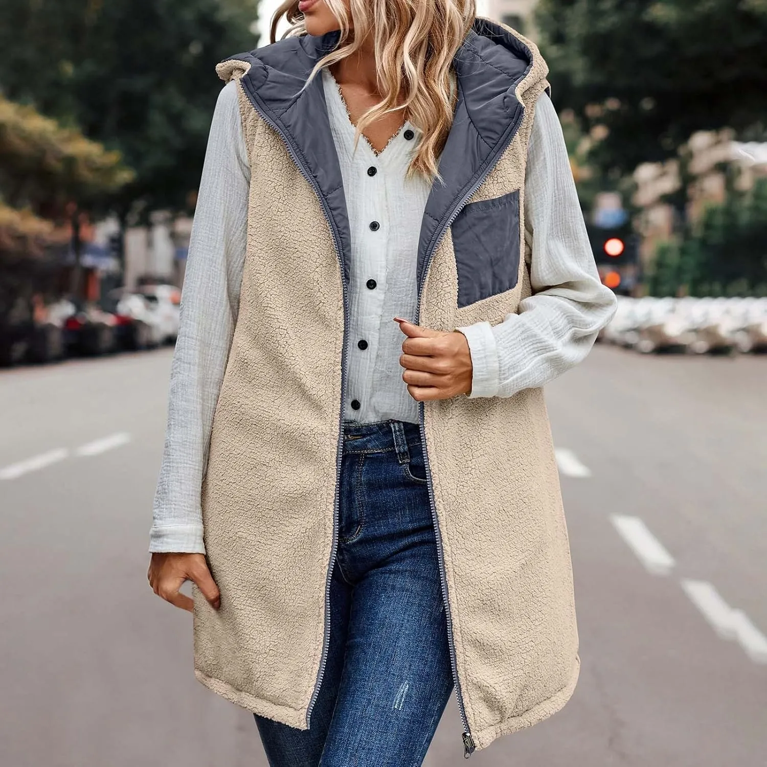 Womens Warm Winter Reversible Vests Sherpa Fleece Jacket Zip Up Hoodie Long Vest Padded Cotton Coat Quilted Outerwear