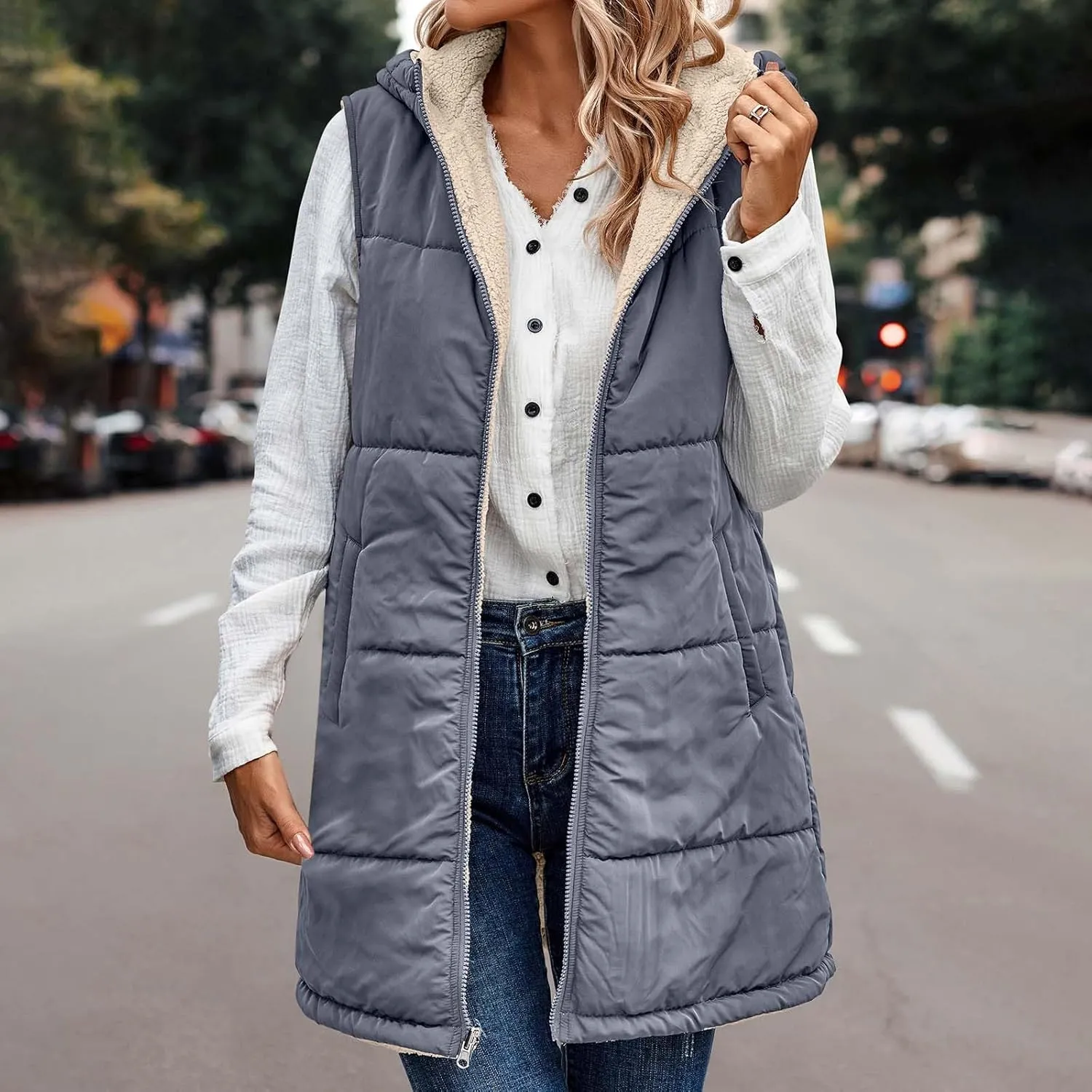 Womens Warm Winter Reversible Vests Sherpa Fleece Jacket Zip Up Hoodie Long Vest Padded Cotton Coat Quilted Outerwear