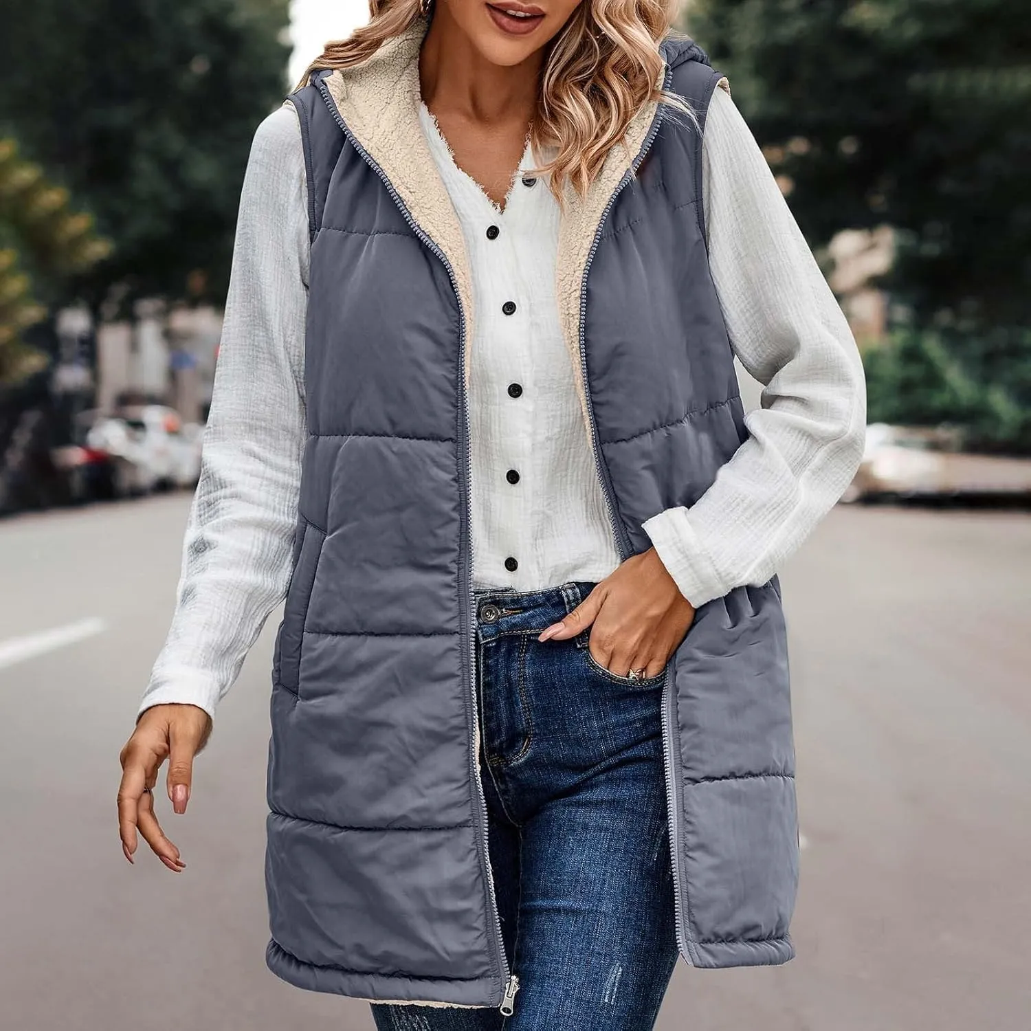 Womens Warm Winter Reversible Vests Sherpa Fleece Jacket Zip Up Hoodie Long Vest Padded Cotton Coat Quilted Outerwear