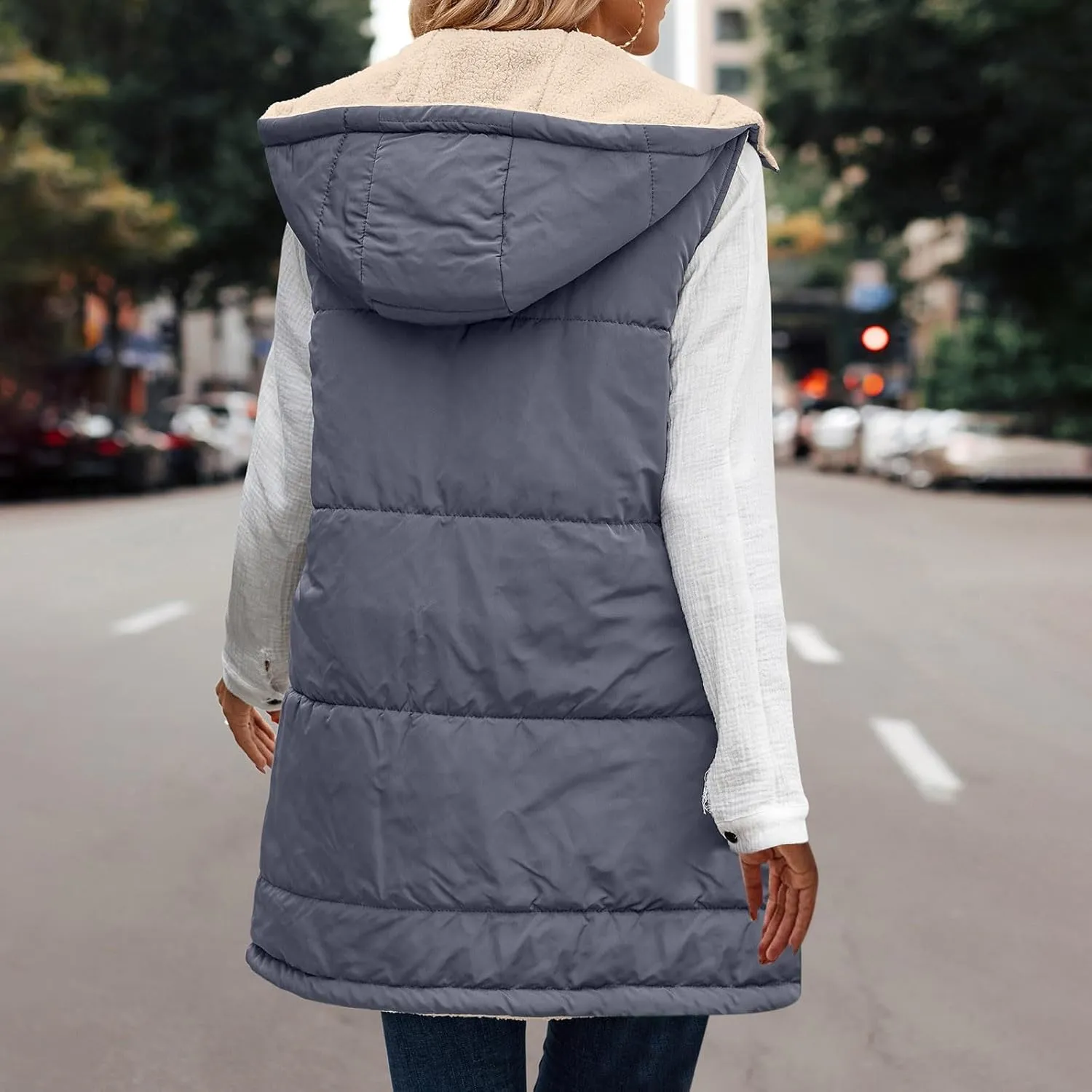 Womens Warm Winter Reversible Vests Sherpa Fleece Jacket Zip Up Hoodie Long Vest Padded Cotton Coat Quilted Outerwear