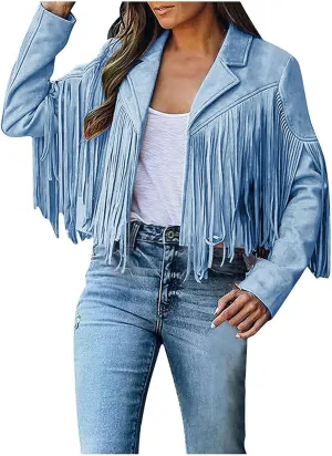 Xiaojmake Women's Fringe Jackets Faux Suede Leather Jackets Tassel Motorcycle Cropped Coats Lapel Open Front Blazer Jacket