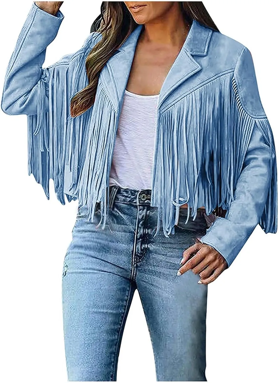 Xiaojmake Women's Fringe Jackets Faux Suede Leather Jackets Tassel Motorcycle Cropped Coats Lapel Open Front Blazer Jacket