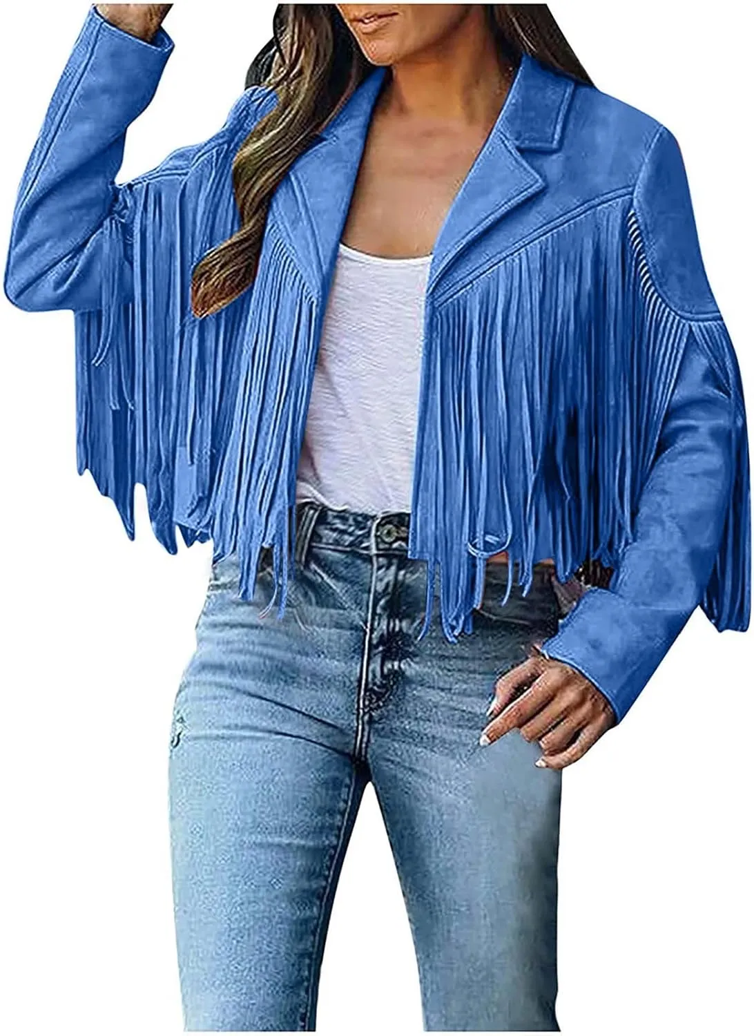 Xiaojmake Women's Fringe Jackets Faux Suede Leather Jackets Tassel Motorcycle Cropped Coats Lapel Open Front Blazer Jacket