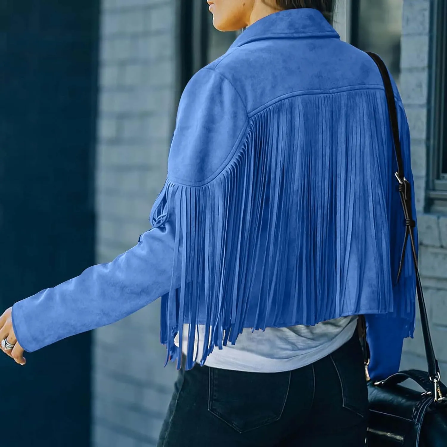 Xiaojmake Women's Fringe Jackets Faux Suede Leather Jackets Tassel Motorcycle Cropped Coats Lapel Open Front Blazer Jacket