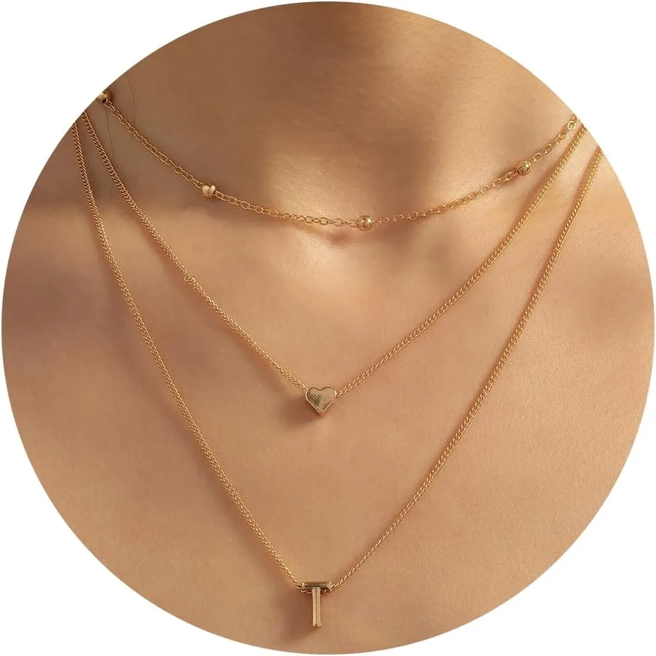 YANCHUN Layered Initial Necklaces for Women Dainty Heart Initial Necklaces Letter Necklace Pendant Choker Beach Vacation Essentials Jewelry Gifts for Women