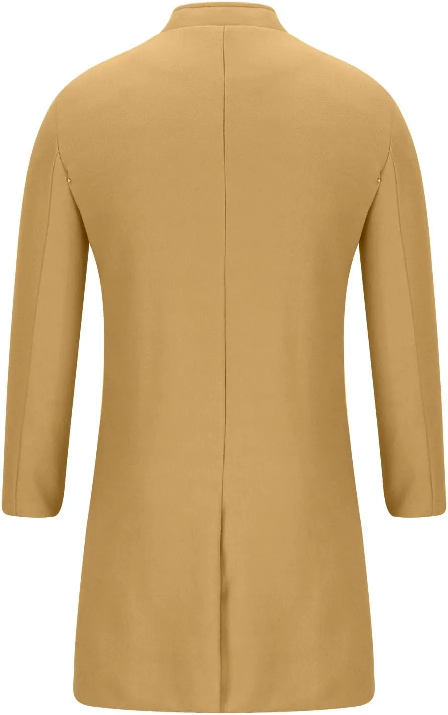 Zeiyignr Men's Trench Coat Mandarin Collar Long Formal Jacket Solid Slim Fit Single Breasted Pea Coats Wool Blend Overcoat