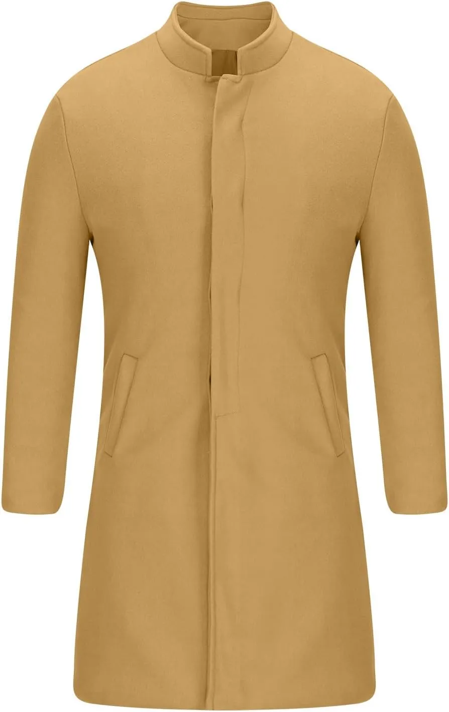 Zeiyignr Men's Trench Coat Mandarin Collar Long Formal Jacket Solid Slim Fit Single Breasted Pea Coats Wool Blend Overcoat