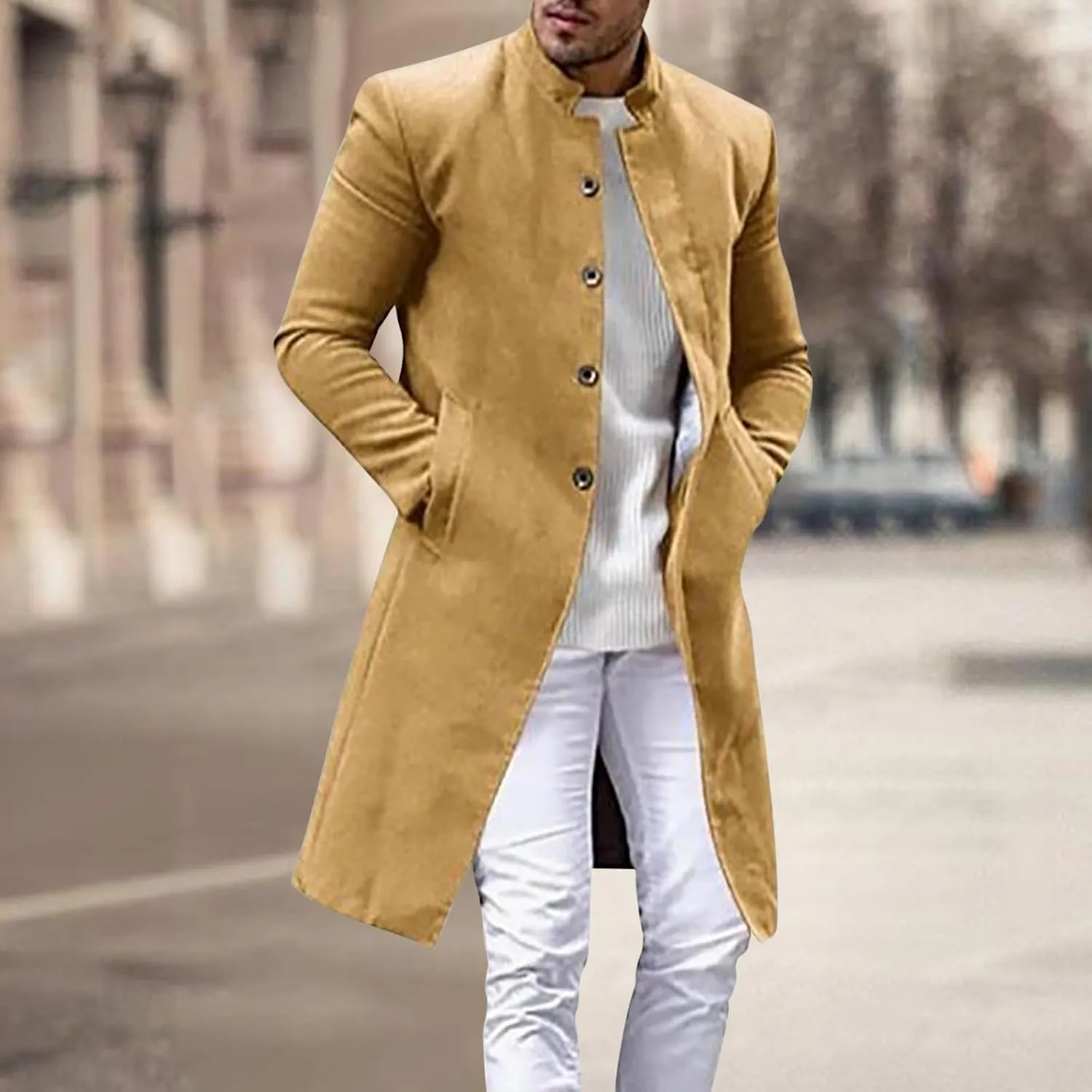 Zeiyignr Men's Trench Coat Mandarin Collar Long Formal Jacket Solid Slim Fit Single Breasted Pea Coats Wool Blend Overcoat