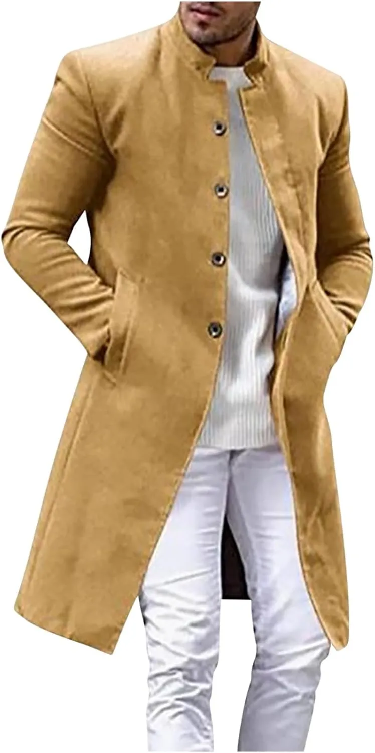 Zeiyignr Men's Trench Coat Mandarin Collar Long Formal Jacket Solid Slim Fit Single Breasted Pea Coats Wool Blend Overcoat